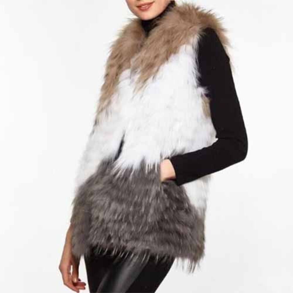 NEW Linda Richards Unique Fox Fur Ombre Deep Pockets Vest Multi Color Sz Medium